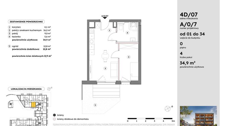 Rzut - Mieszkanie na sprzedaż 2 pokoje o powierzchni 34,85 m² - numer A/0/7 w Osiedle Mateckiego 4ALL