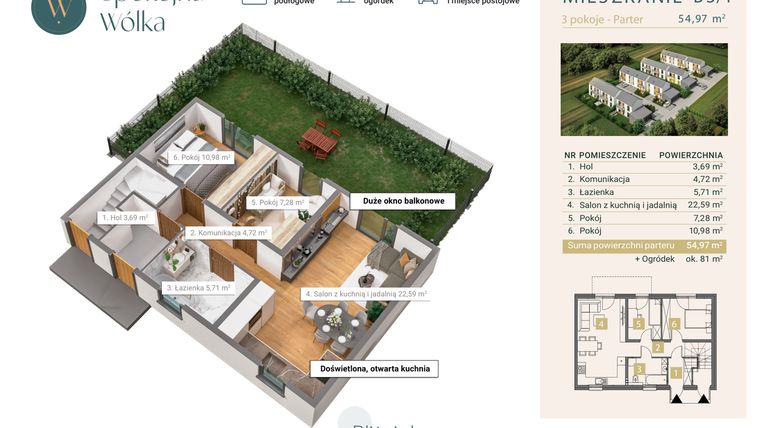 Rzut - Mieszkanie na sprzedaż 3 pokoje o powierzchni 54,97 m² - numer B3/1 w Spokojna Wólka etap IV