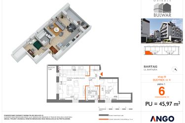 Rzut - Mieszkanie na sprzedaż 2 pokoje o powierzchni 45,97 m² - numer 6 w Osiedle Bulwar bud. 4