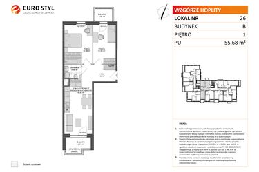 Rzut - Mieszkanie na sprzedaż 3 pokoje o powierzchni 55,68 m² - numer B.26 w Wzgórze Hoplity etap II
