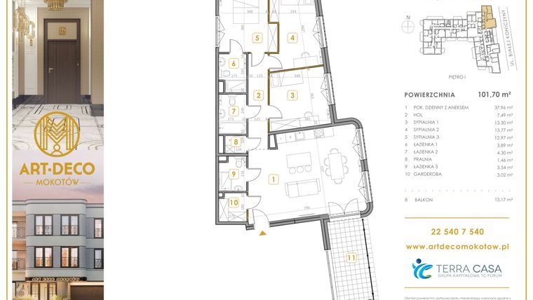 Rzut - Mieszkanie na sprzedaż 4 pokoje o powierzchni 101,7 m² - numer M04 w Art Deco Mokotów Pola