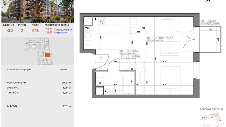 Rzut - Mieszkanie na sprzedaż 1 pokój o powierzchni 38,27 m² - numer I-B26 w Industria etap I-B