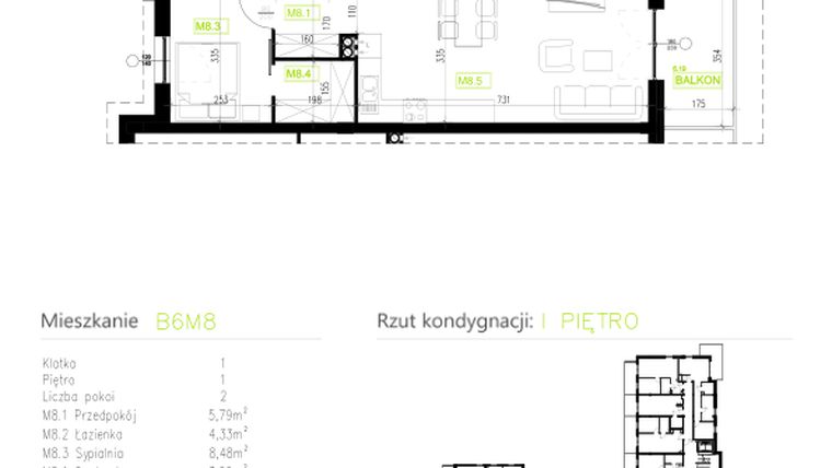 Rzut - Mieszkanie na sprzedaż 2 pokoje o powierzchni 46,15 m² - numer B6M8 w Osiedle Natura Park etap II