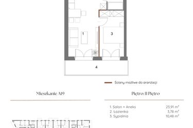 Rzut - Mieszkanie na sprzedaż 2 pokoje o powierzchni 38,75 m² - numer A19 w Dąbrowskiego 9
