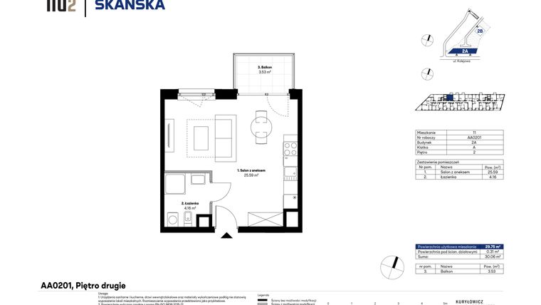Rzut - Mieszkanie na sprzedaż 1 pokój o powierzchni 29,7 m² - numer AA0201 w NU2 Warszawa Wola - apartamenty wykończone pod klucz