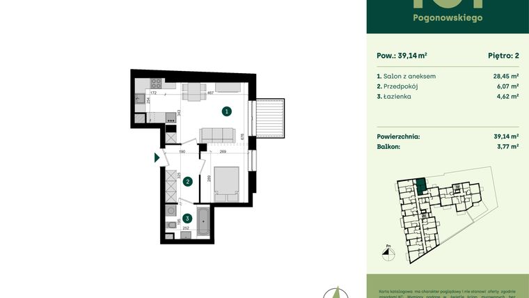 Rzut - Mieszkanie na sprzedaż 1 pokój o powierzchni 39,14 m² - numer POGO2/A/3K w Pogonowskiego 52