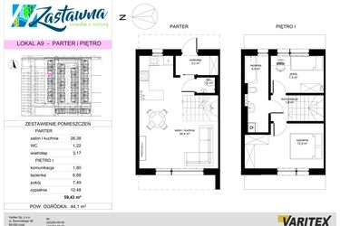 Rzut - Mieszkanie na sprzedaż 3 pokoje o powierzchni 59,43 m² - numer A.9 w Zastawna OdNova