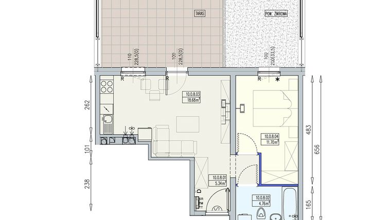 Rzut - Mieszkanie na sprzedaż 2 pokoje o powierzchni 40,47 m² - numer K2 10/0/8/2a w Południk 17 - budynek K2