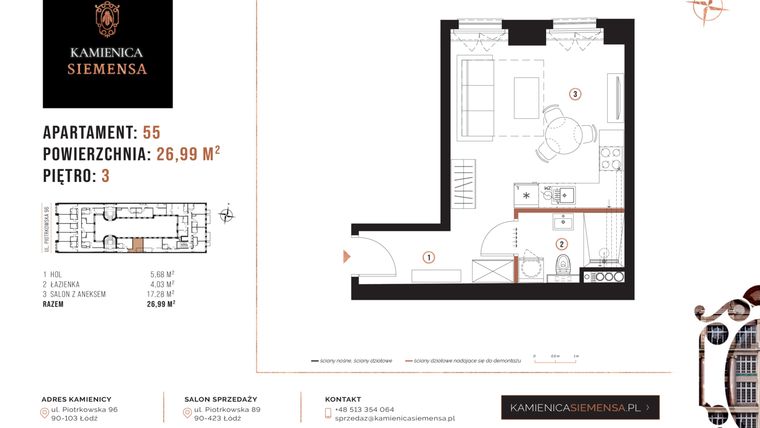 Rzut - Mieszkanie na sprzedaż 1 pokój o powierzchni 27,1 m² - numer 55 w Kamienica Siemensa