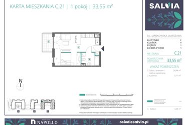 Rzut - Mieszkanie na sprzedaż 1 pokój o powierzchni 33,55 m² - numer C.21 w Osiedle Salvia