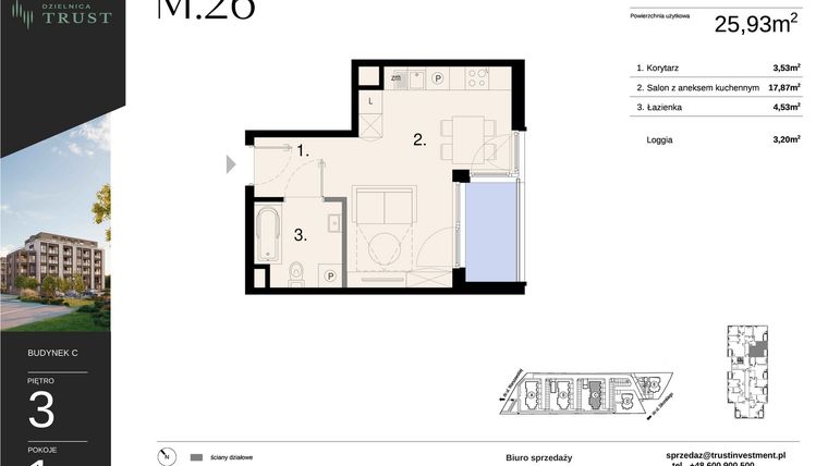 Rzut - Mieszkanie na sprzedaż 1 pokój o powierzchni 25,93 m² - numer C - M.26 w Dzielnica Trust