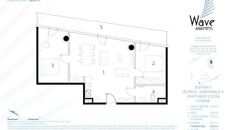 Rzut - Mieszkanie na sprzedaż 3 pokoje o powierzchni 67,94 m² - numer E.9.104 w Wave Międzyzdroje Resort & Spa