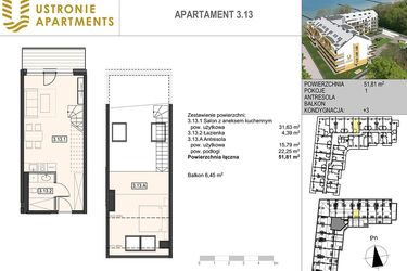 Rzut - Mieszkanie na sprzedaż 1 pokój o powierzchni 50,57 m² - numer 3.13 w Ustronie Apartments 20 m od plaży