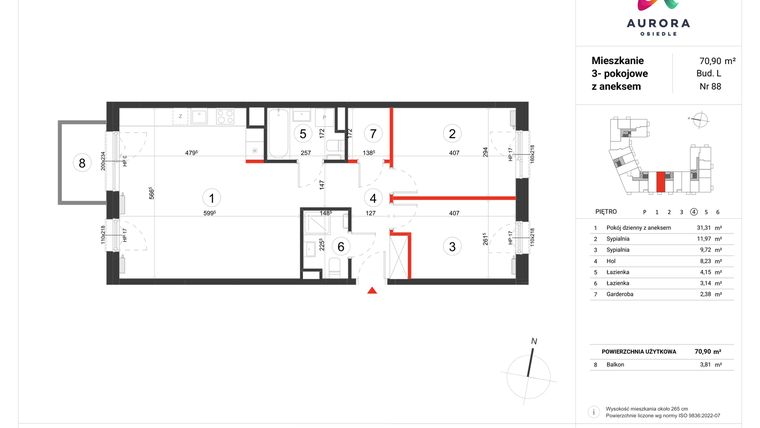 Rzut - Mieszkanie na sprzedaż 3 pokoje o powierzchni 70,9 m² - numer L-88 w Osiedle Aurora - bud. L