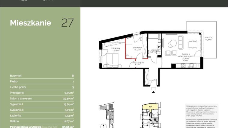 Rzut - Mieszkanie na sprzedaż 3 pokoje o powierzchni 63,66 m² - numer B27 w Stawowa Residence - etap V