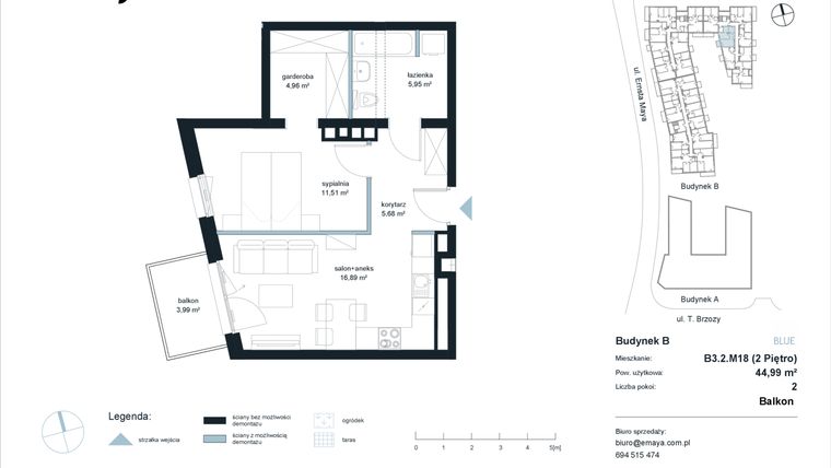 Rzut - Mieszkanie na sprzedaż 2 pokoje o powierzchni 44,99 m² - numer B3.2.M18 w EMaya