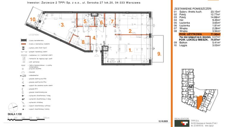Rzut - Mieszkanie na sprzedaż 3 pokoje o powierzchni 71,9 m² - numer 15 w Zarzecze II Pruszków