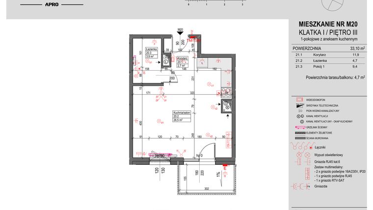 Rzut - Mieszkanie na sprzedaż 1 pokój o powierzchni 33,1 m² - numer M20 w Antczaka 46
