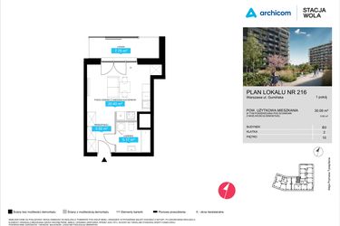 Rzut - Mieszkanie na sprzedaż 1 pokój o powierzchni 30,09 m² - numer B3.216 w Stacja Wola - Etap III