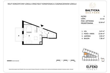 Rzut - Mieszkanie na sprzedaż 1 pokój o powierzchni 32,04 m² - numer A.4.16 w Bałtycka Sea Park