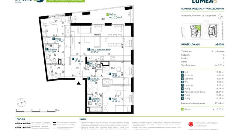 Rzut - Mieszkanie na sprzedaż 4 pokoje o powierzchni 97,52 m² - numer AB0206 w Osiedle Lumea 6