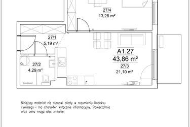 Rzut - Mieszkanie na sprzedaż 2 pokoje o powierzchni 43,86 m² - numer A1.27 w FORTnatura