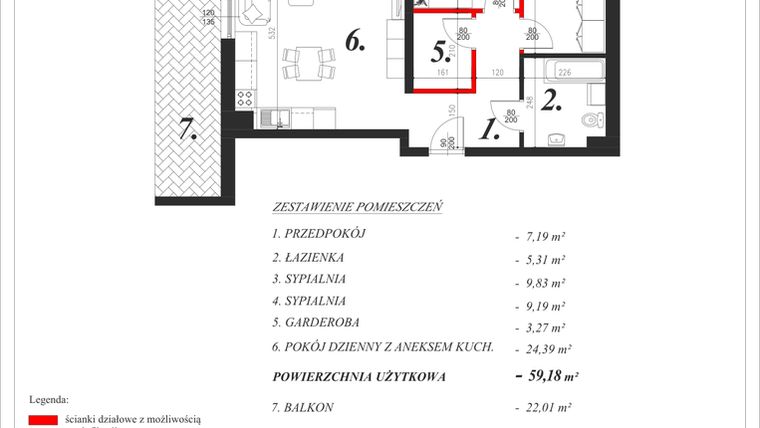 Rzut - Mieszkanie na sprzedaż 3 pokoje o powierzchni 59,18 m² - numer 25 w Enklawa Milanówek