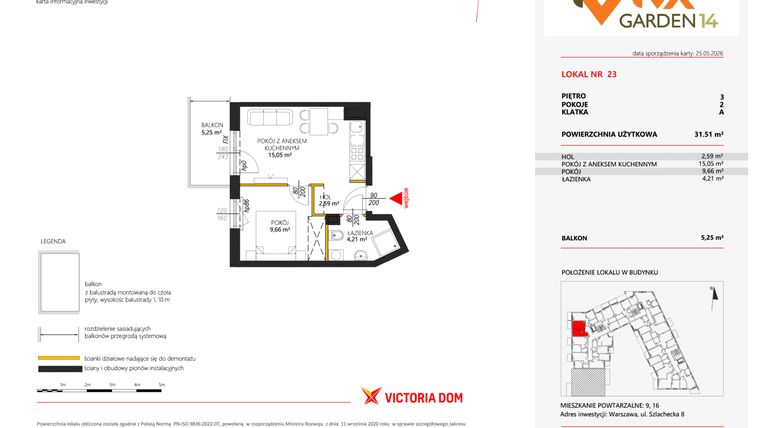 Rzut - Mieszkanie na sprzedaż 2 pokoje o powierzchni 31,51 m² - numer 23 w Viva Garden 14