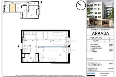 Rzut - Mieszkanie na sprzedaż 2 pokoje o powierzchni 43,71 m² - numer 13 w N15