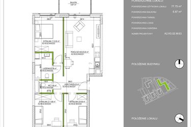 Rzut - Mieszkanie na sprzedaż 4 pokoje o powierzchni 77,75 m² - numer A2.63 w Osiedle Naturalnie
