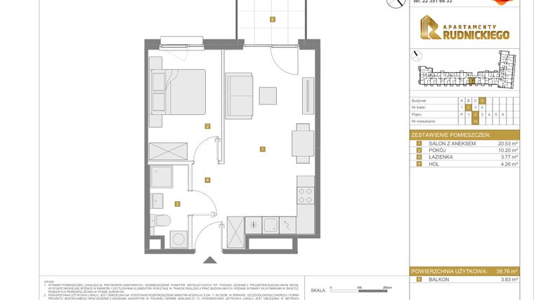 Rzut - Mieszkanie na sprzedaż 2 pokoje o powierzchni 38,76 m² - numer D.74 w Apartamenty Rudnickiego