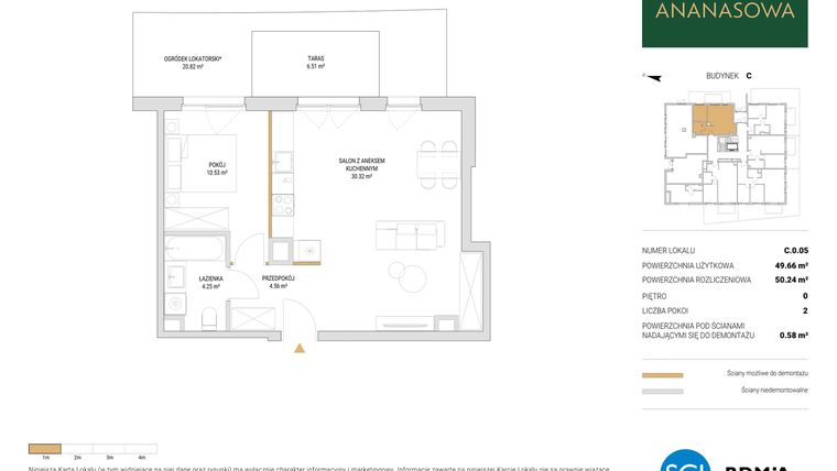Rzut - Mieszkanie na sprzedaż 2 pokoje o powierzchni 50,3 m² - numer C.0.05 w Ananasowa