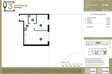 Rzut - Mieszkanie na sprzedaż 2 pokoje o powierzchni 46,43 m² - numer M.B03 w 3 Wymiary Bronowice