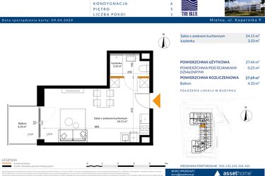 Rzut - Mieszkanie na sprzedaż 1 pokój o powierzchni 27,69 m² - numer 5.01 w The Blue