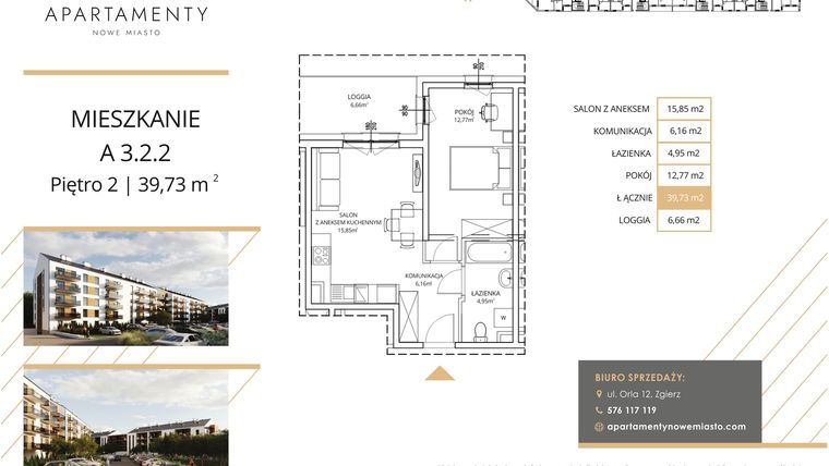 Rzut - Mieszkanie na sprzedaż 2 pokoje o powierzchni 39,73 m² - numer A3.2.2 w Apartamenty Nowe Miasto
