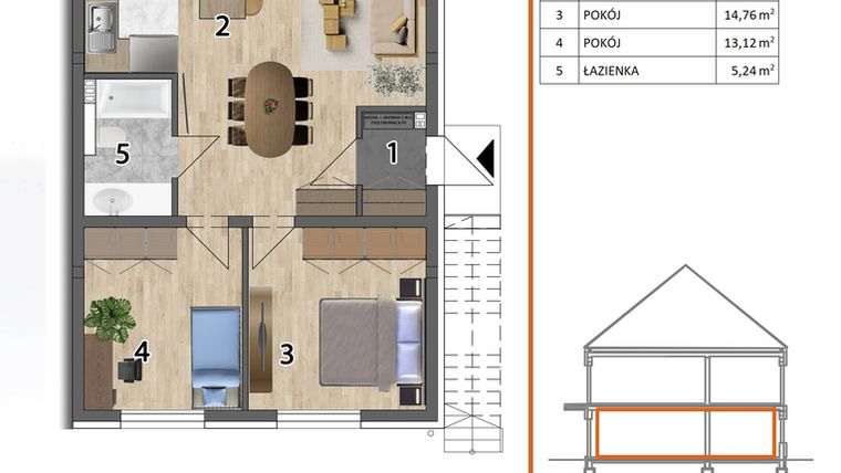 Rzut - Mieszkanie na sprzedaż 3 pokoje o powierzchni 72,56 m² - numer 7PD w Osiedle Przyjazne etap V