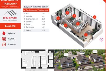 Rzut - Mieszkanie na sprzedaż 3 pokoje o powierzchni 63,7 m² - numer A12 w Apartamenty Tabelowa