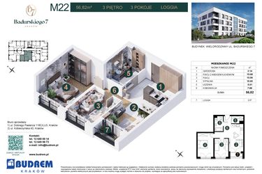 Rzut - Mieszkanie na sprzedaż 3 pokoje o powierzchni 56,82 m² - numer 22 w Badurskiego 7