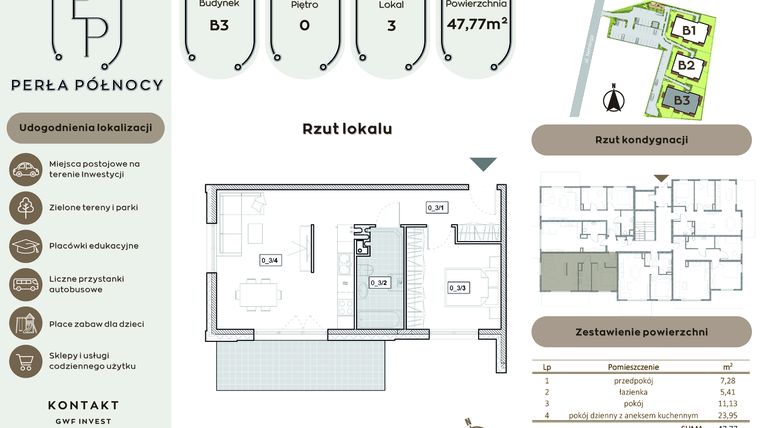 Rzut - Mieszkanie na sprzedaż 2 pokoje o powierzchni 47,77 m² - numer B3.0_3 w Perła Północy etap 2