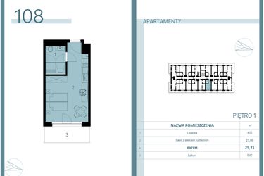 Rzut - Mieszkanie na sprzedaż 1 pokój o powierzchni 25,5 m² - numer 108 w Linea Mare Mrzeżyno