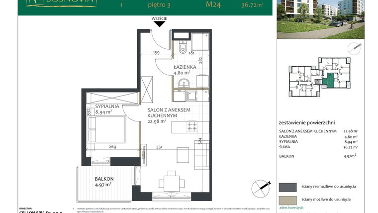 Rzut - Mieszkanie na sprzedaż 2 pokoje o powierzchni 36,72 m² - numer 1.M24 w Sosnovia