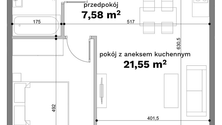 Rzut - Mieszkanie na sprzedaż 2 pokoje o powierzchni 48,77 m² - numer C1-31 w Forma Otwarta etap C