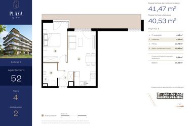 Rzut - Mieszkanie na sprzedaż 2 pokoje o powierzchni 41,47 m² - numer B6M52 w Plaza City