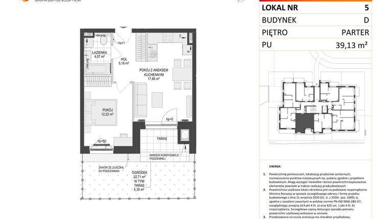 Rzut - Mieszkanie na sprzedaż 2 pokoje o powierzchni 39,13 m² - numer D.5 w Osiedle Warszawska etap II