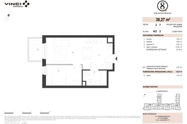 Rzut - Mieszkanie na sprzedaż 2 pokoje o powierzchni 38,27 m² - numer A/2/2.7 w Smardzewska 8
