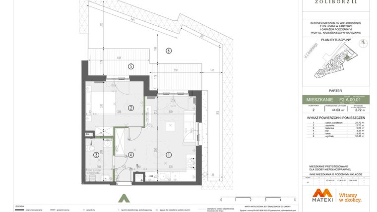 Rzut - Mieszkanie na sprzedaż 2 pokoje o powierzchni 44,03 m² - numer F2.A.00.01 w Sady Żoliborz II