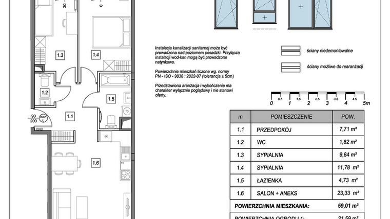 Rzut - Mieszkanie na sprzedaż 3 pokoje o powierzchni 59,01 m² - numer B.1.1 w #NaSwoim2