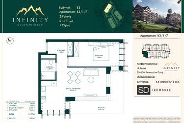 Rzut - Mieszkanie na sprzedaż 2 pokoje o powierzchni 51,77 m² - numer B3.1.7 w Infinity Mountain Resort