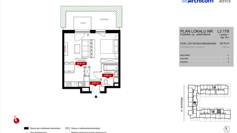 Rzut - Mieszkanie na sprzedaż 1 pokój o powierzchni 38,76 m² - numer L3.179 w Wieża Jeżyce etap VI