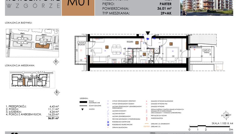 Rzut - Mieszkanie na sprzedaż 2 pokoje o powierzchni 36,01 m² - numer C2_M1/P w Koncertowe Wzgórze etap II